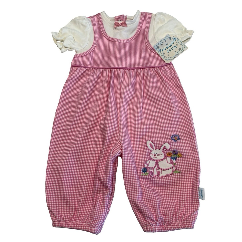 vintage First Moments sz 3-6 months pink gingham coverall one piece outfit bunny